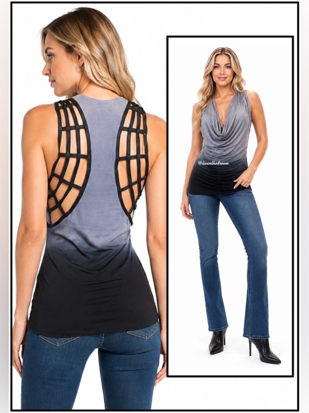 Sky Brand Tie Dye Black Faux Leather Cage Detail Drape Front Top SZ L